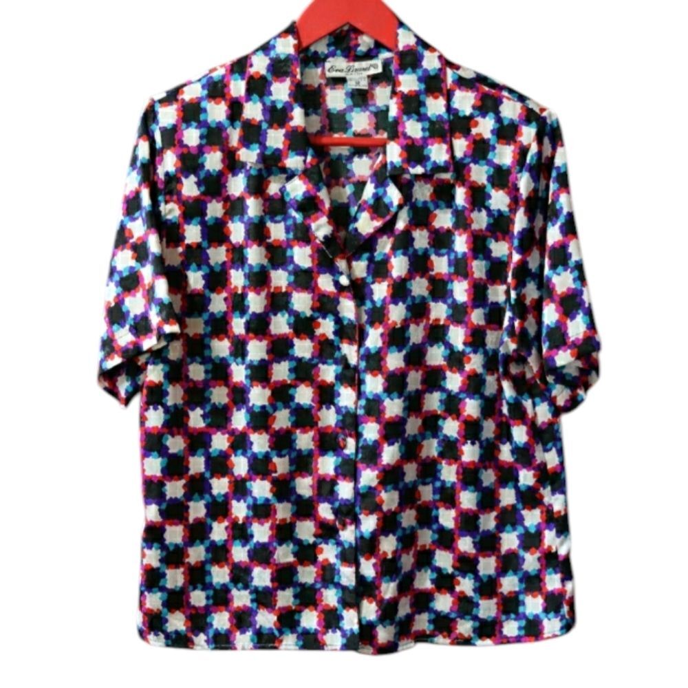 Eva Laurel Vintage Print Bold Loud Abstract Print Short Sleeve Blouse 12